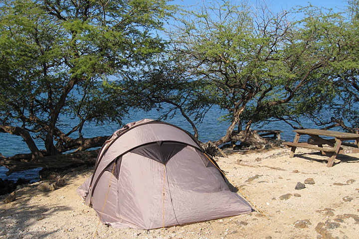 tent at an oceanfront campsite in Hawaii