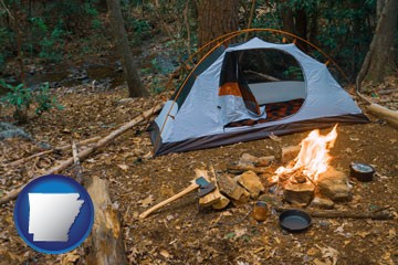 camping tent at a wilderness campsite - with Arkansas icon
