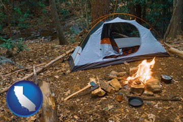 camping tent at a wilderness campsite - with California icon
