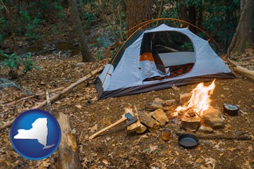 camping tent at a wilderness campsite - with New York icon