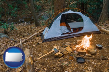 camping tent at a wilderness campsite - with Pennsylvania icon