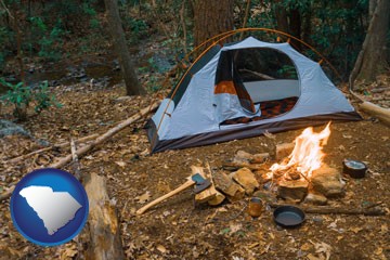 camping tent at a wilderness campsite - with South Carolina icon
