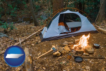camping tent at a wilderness campsite - with Tennessee icon
