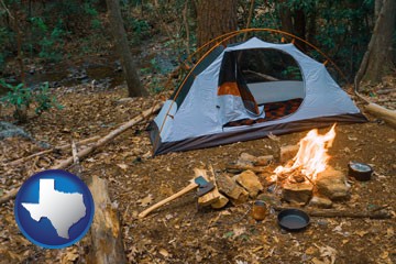camping tent at a wilderness campsite - with Texas icon