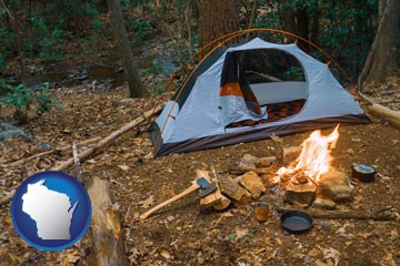 camping tent at a wilderness campsite - with Wisconsin icon