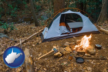 camping tent at a wilderness campsite - with West Virginia icon