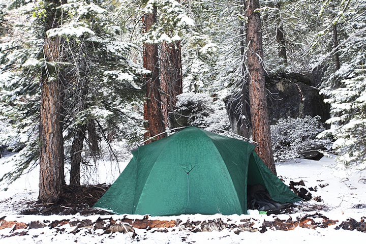 winter camping in a tent at Yosemite National Park