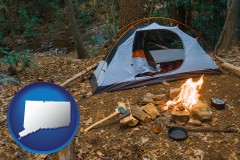 connecticut map icon and camping tent at a wilderness campsite