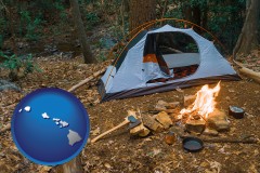 hawaii map icon and camping tent at a wilderness campsite