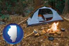 illinois map icon and camping tent at a wilderness campsite