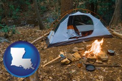louisiana map icon and camping tent at a wilderness campsite