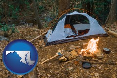 maryland map icon and camping tent at a wilderness campsite