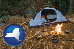 new-york map icon and camping tent at a wilderness campsite