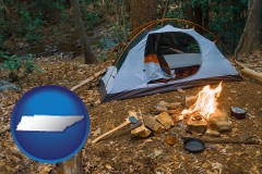 tennessee map icon and camping tent at a wilderness campsite