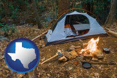 texas map icon and camping tent at a wilderness campsite