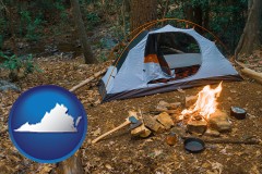 virginia map icon and camping tent at a wilderness campsite
