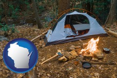wisconsin map icon and camping tent at a wilderness campsite