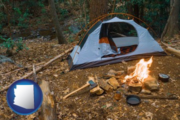 camping tent at a wilderness campsite - with Arizona icon
