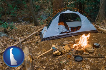 camping tent at a wilderness campsite - with Delaware icon