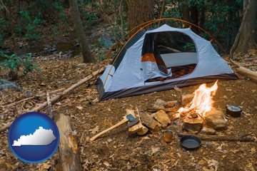 camping tent at a wilderness campsite - with Kentucky icon