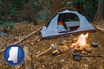 camping tent at a wilderness campsite - with Mississippi icon
