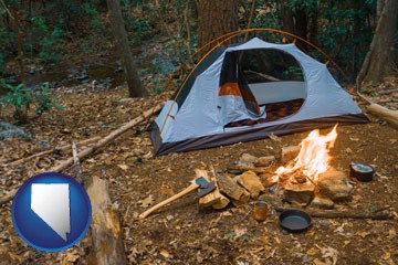 camping tent at a wilderness campsite - with Nevada icon