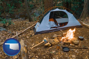 camping tent at a wilderness campsite - with Oklahoma icon